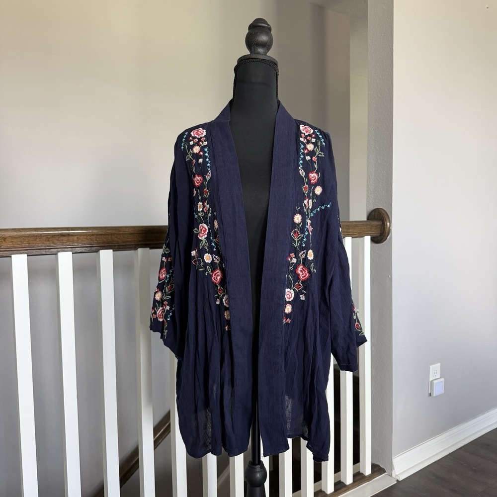 Ruff Hewn Embroidered Floral Cardigan Blue Boho Eclectic XL Artsy Cottage Whimsy